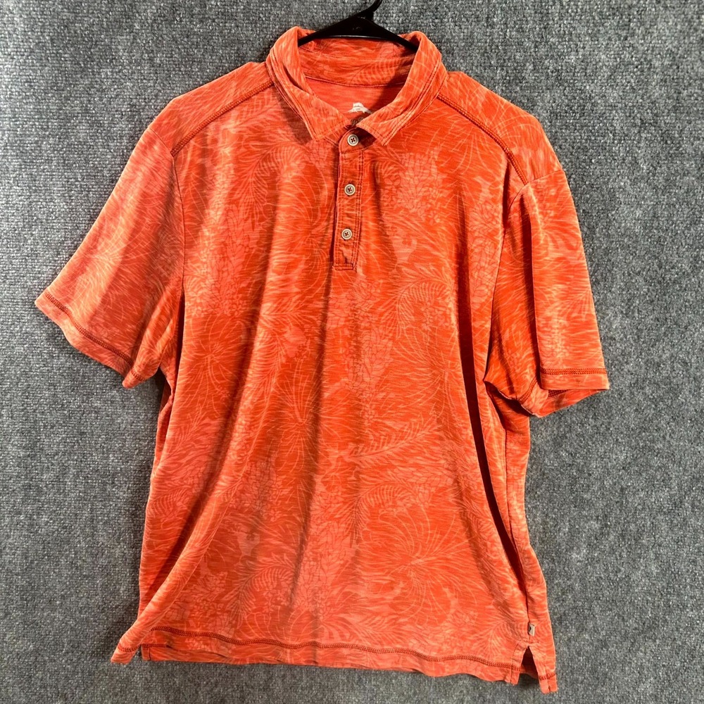 Tommy Bahama Polo Shirt Mens Large Orange Tropical Leaf Hawaiian Short Sleeve